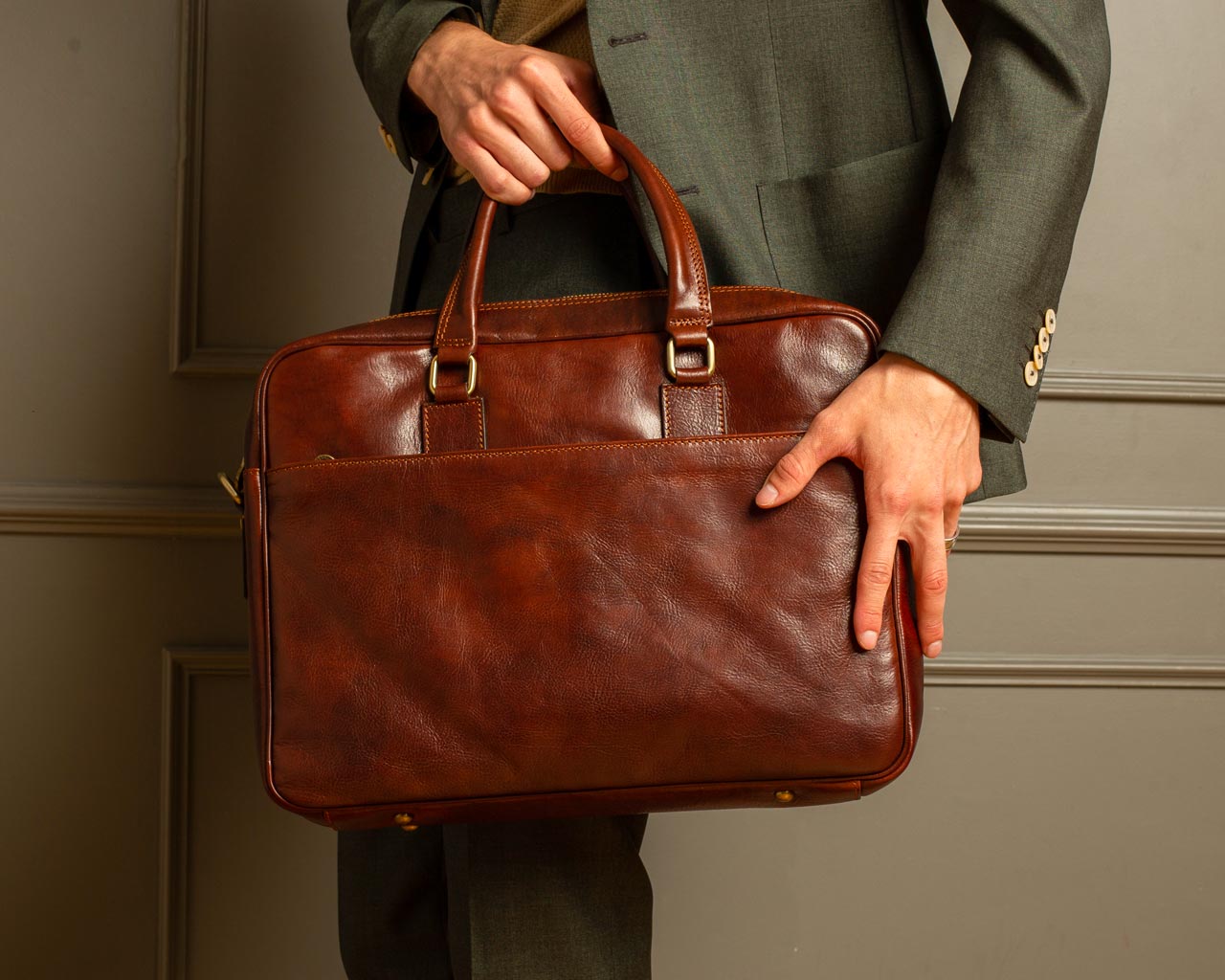 Brown Leather Briefcase Bag for 15" Laptop - Running The Business  BY Pampora Leather